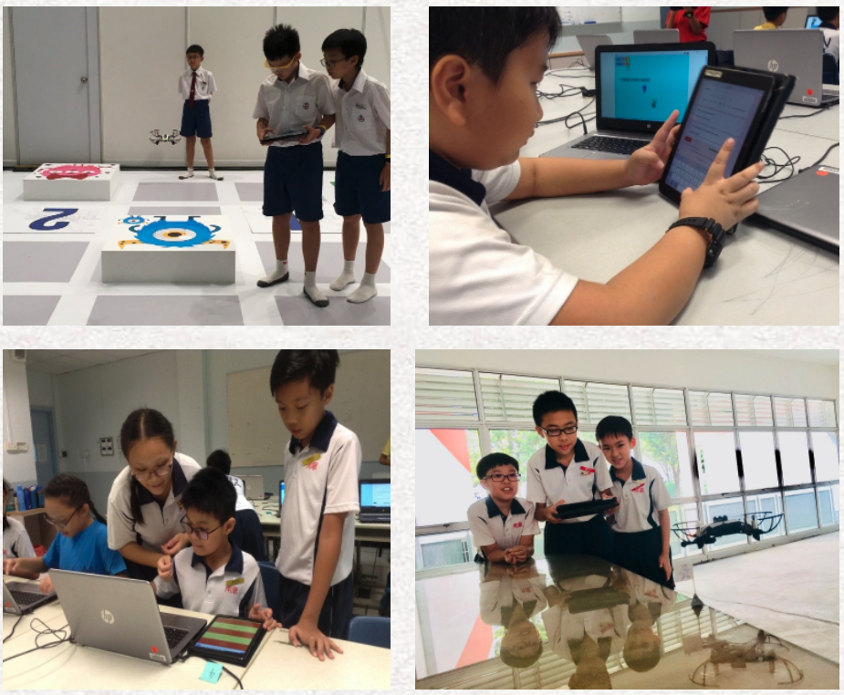 Four scenes of school children using tablets and laptops, and controlling a drone in a classroom setting.